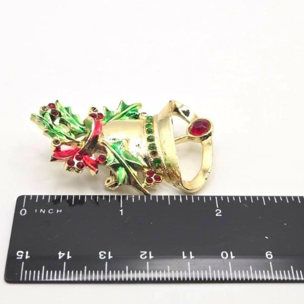 Vintage BJ Christmas Bell Brooch Pin Holly Leaf Holiday‎ Enamel Jewelry